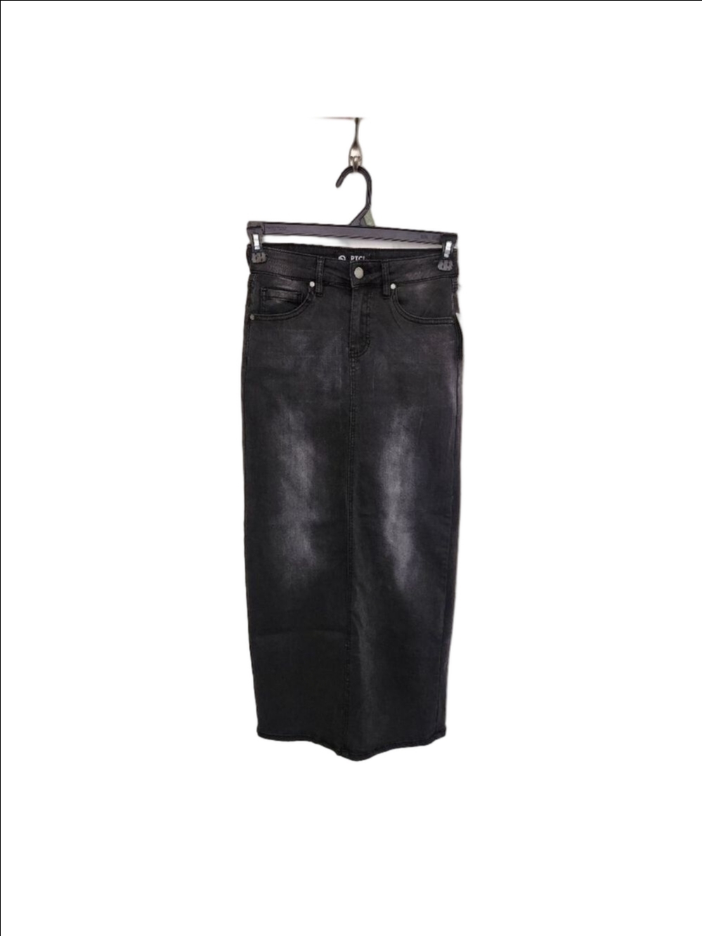 PTCL Ethical clothing denim skirt with a slit in black wash 5 pocket design